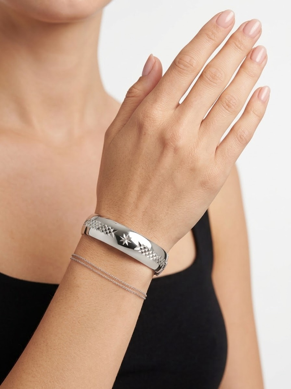 Vintage Stainless Steel Polished Silver Star-Engraved Cuff Bracelet
